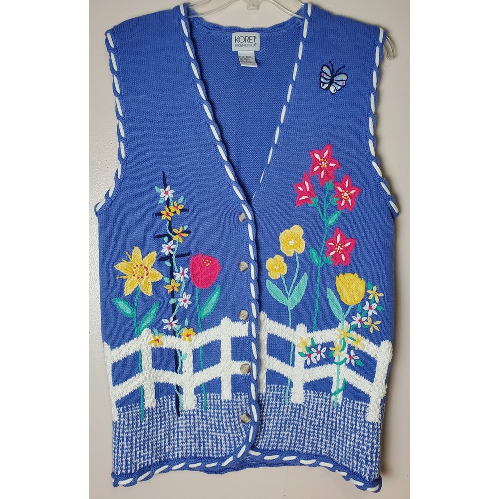 Vintage Spring Novelty Sweater Vest Floral Butterfly Garden Small Embroidered